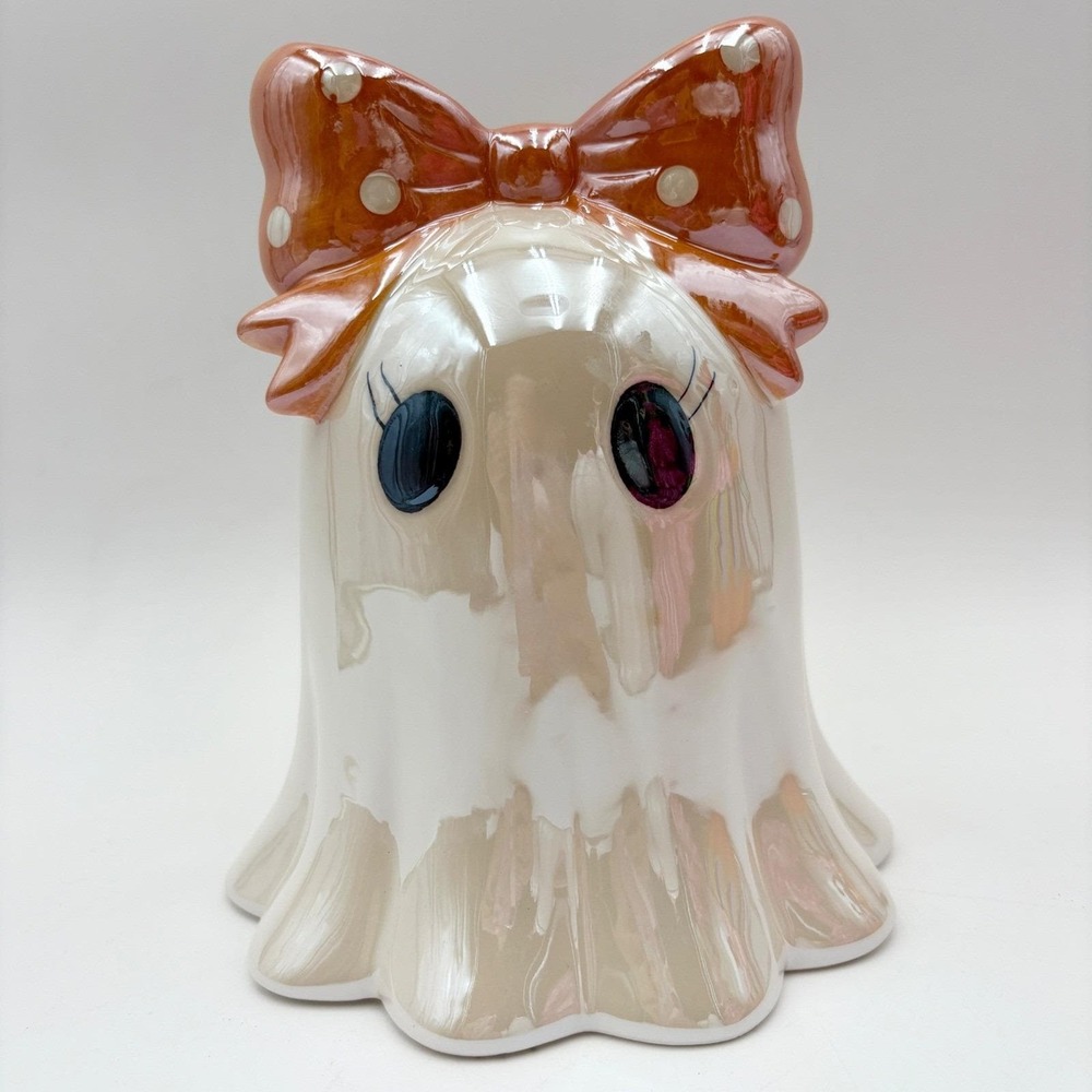 Ceramic Ghost with Orange Bow Halloween Fall Decor Spooky Cute Iridescent